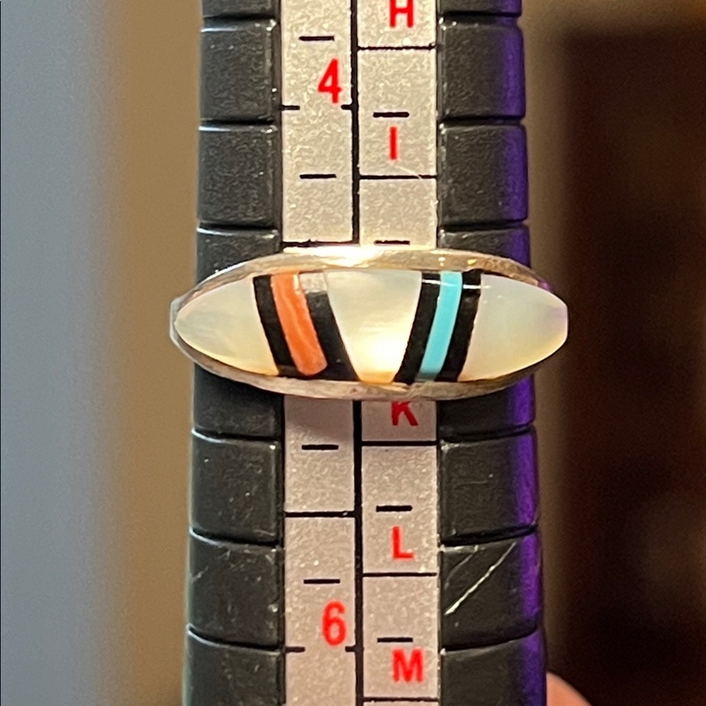 Native American Zuni Inlaid Mother of Pearl Turquoise Coral Sterling Silver Ring